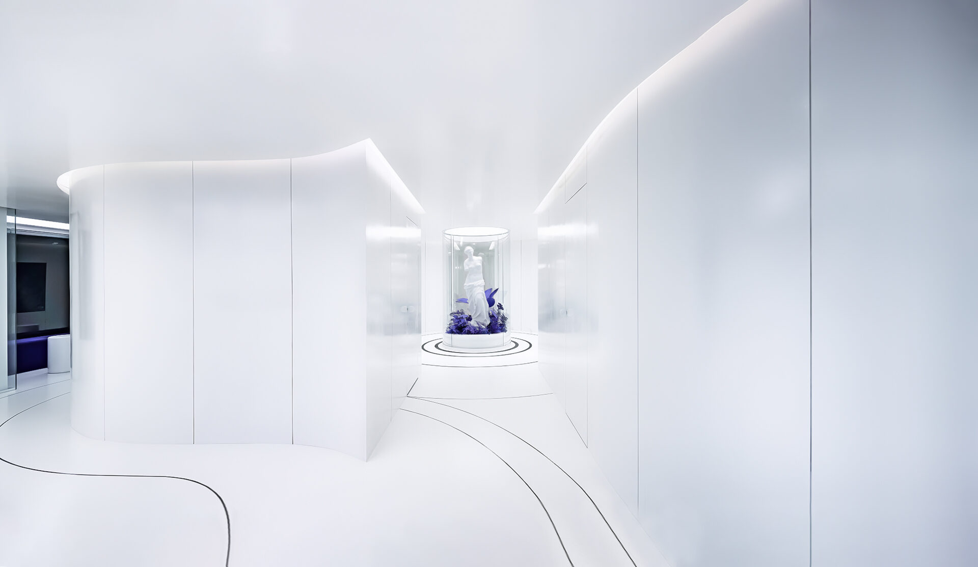 Minimalist white gallery corridor at AMRED Anti-aging Center in Gangnam, Seoul, featuring a Venus de Milo sculpture installation.